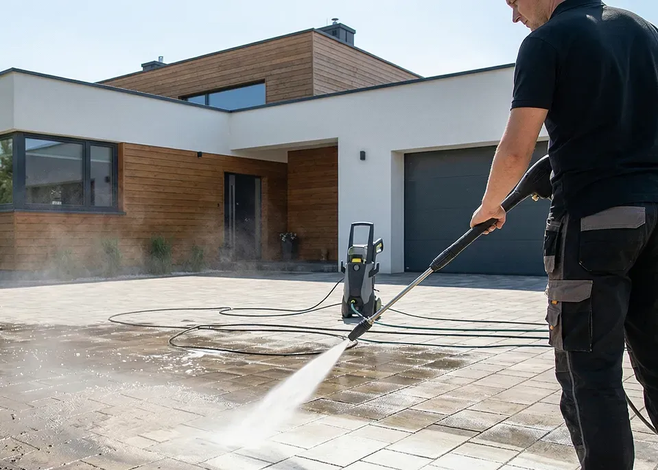 Mężczyzna myjący kostkę brukową