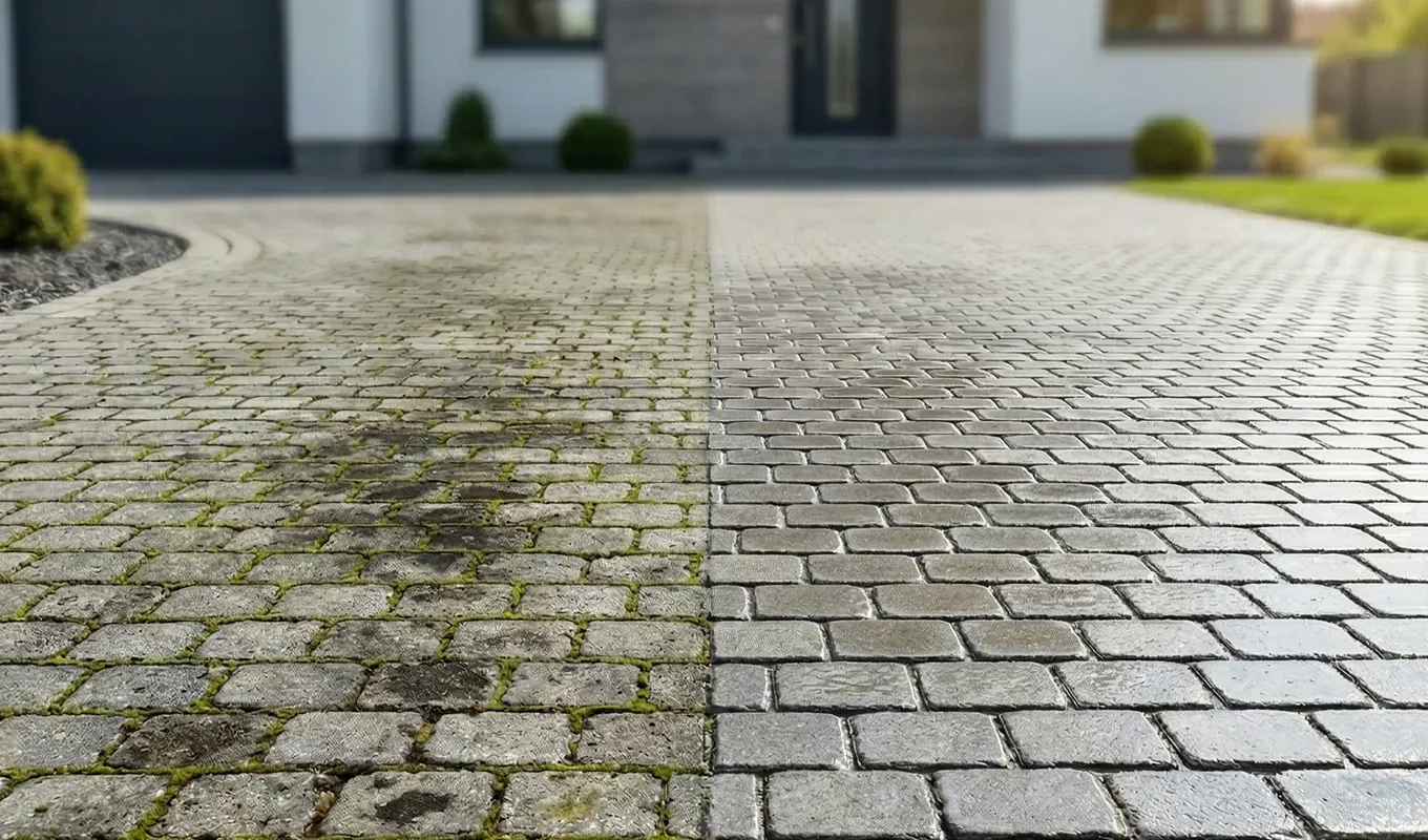 Mężczyzna myjący kostkę brukową