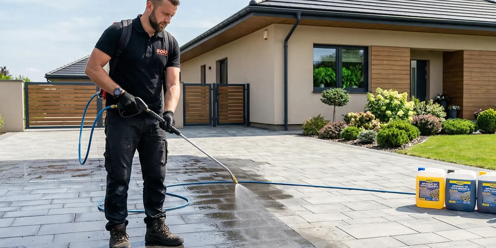 Mężczyzna przeprowadzający impregnację kostki brukowej