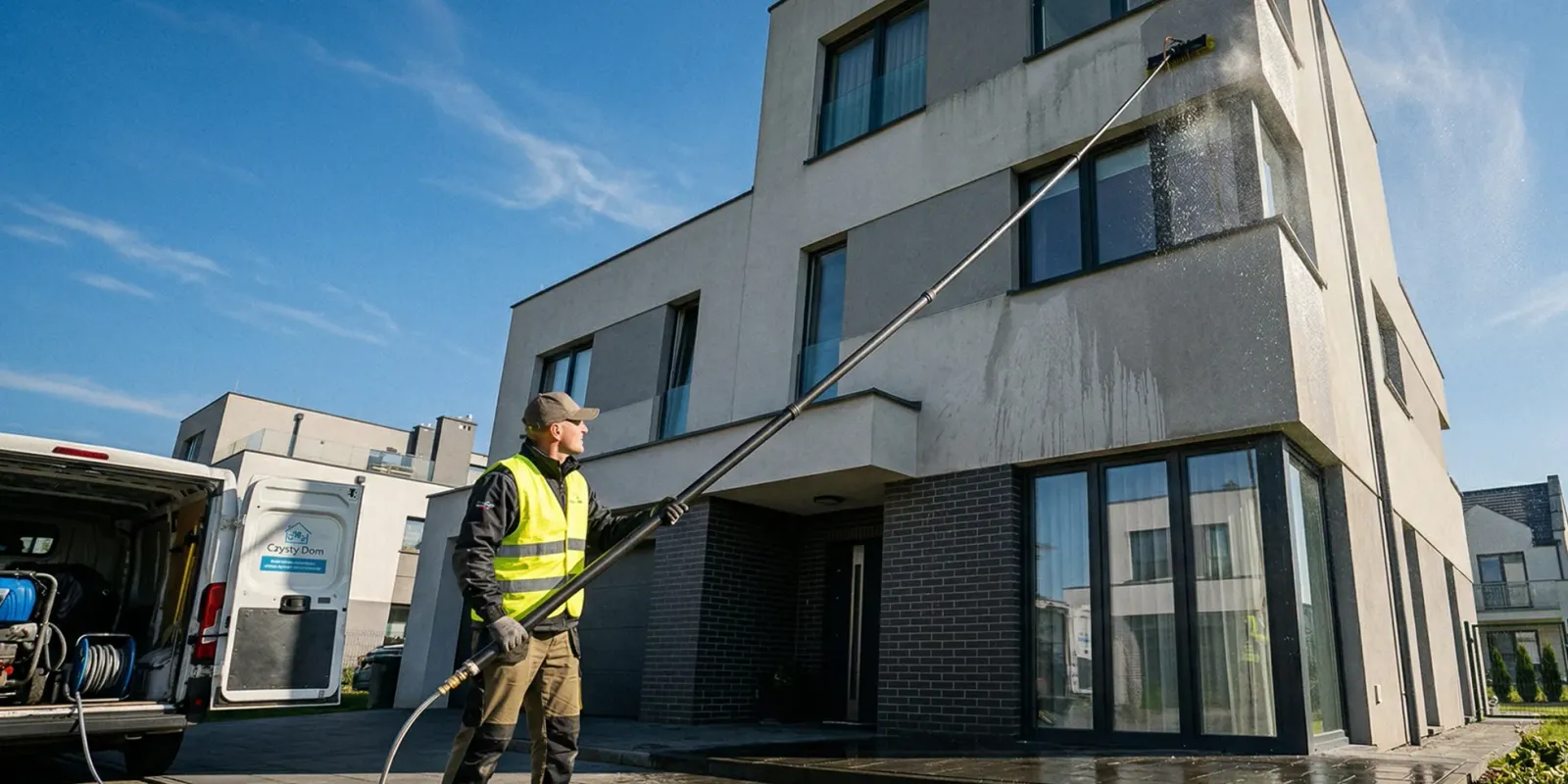 Mężczyzna myjący elewację domu